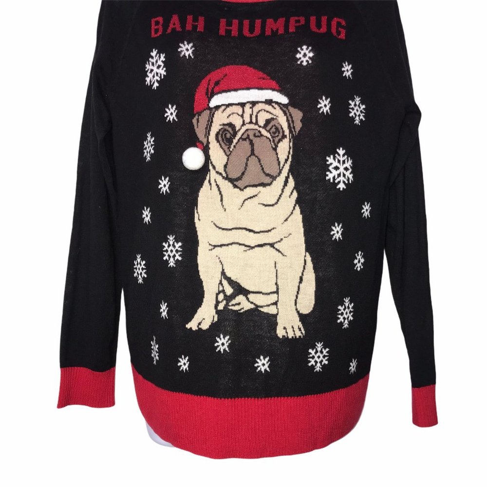 Well Worn Lightweight Pug Bahumpug Ugly Christmas Holiday Pullover Sweater L - Picture 3 of 8
